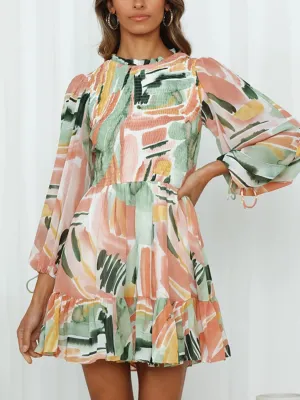 Printed Mock Neck Balloon Sleeve Mini Dress